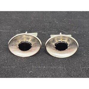 Vintage Brushed Silver Tone Faux Onyx Toggle Cufflinks Cuff Links Retro Tuxedo